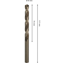 Burghiu spiralat pentru metal cu diametrul de 8 milimetri, lungimea de lucru de 75 milimetri și lungimea totală de 117 milimetri.