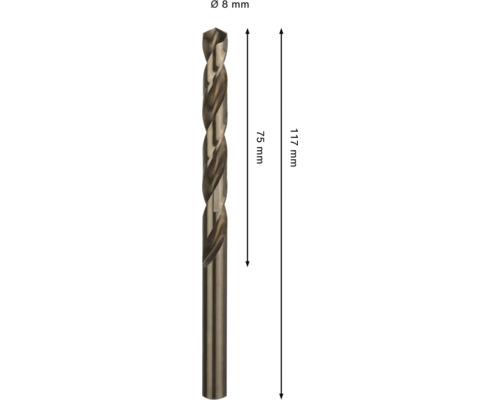 Burghiu spiralat pentru metal cu diametrul de 8 milimetri, lungimea de lucru de 75 milimetri și lungimea totală de 117 milimetri.