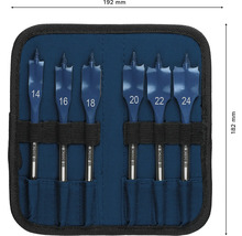Set de 6 burghie plate Bosch Self Cut Speed cu dimensiuni de la 14 la 24 milimetri în husă textilă albastră, 192 pe 182 milimetri.