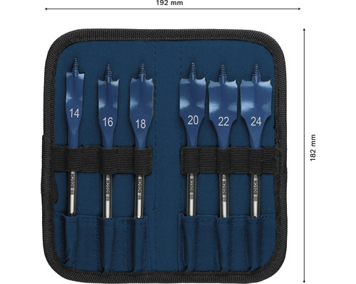 Set de 6 burghie plate Bosch Self Cut Speed cu dimensiuni de la 14 la 24 milimetri în husă textilă albastră, 192 pe 182 milimetri.
