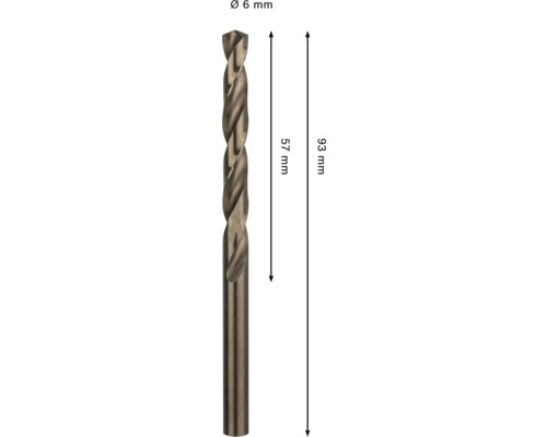Burghiu pentru metal, diametru 6 milimetri, lungime spirală 57 milimetri, lungime totală 93 milimetri.