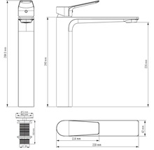 Desen tehnic al unei baterii de lavoar cu dimensiuni în milimetri. Înălțimea totală este de 284,5 milimetri.