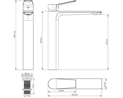 Desen tehnic al unei baterii de lavoar cu dimensiuni în milimetri. Înălțimea totală este de 284,5 milimetri.