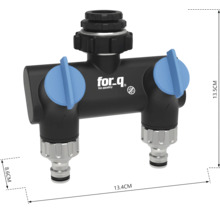 Distribuitor de apă cu 2 căi for_q negru din plastic cu două supape de reglare albastre, simbol antigel, for_q Logo, 13.4 centimetri.