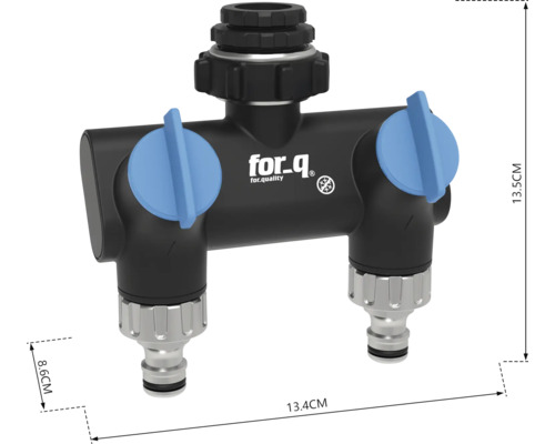 Distribuitor de apă cu 2 căi for_q negru din plastic cu două supape de reglare albastre, simbol antigel, for_q Logo, 13.4 centimetri.