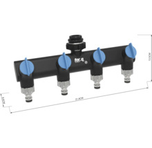 Distribuitor cu 4 căi for_q pentru furtunuri de grădină cu robinete de închidere, rezistent la îngheț, lățime 31,4 centimetri, înălțime 13,5 centimetri.