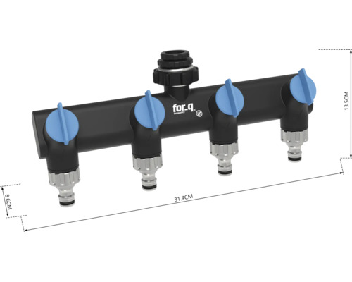 Distribuitor cu 4 căi for_q pentru furtunuri de grădină cu robinete de închidere, rezistent la îngheț, lățime 31,4 centimetri, înălțime 13,5 centimetri.