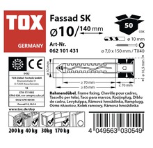Informații despre diblul TOX Fassad SK privind dimensiunea, capacitatea portantă și omologarea