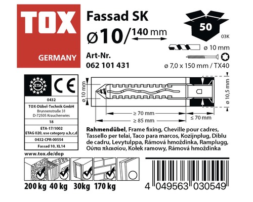 Informații despre diblul TOX Fassad SK privind dimensiunea, capacitatea portantă și omologarea