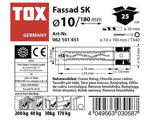 Date tehnice pentru dibluri Tox Fassad SK