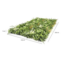 Perete vegetal artificial cu ferigi și ierburi, lățime 100 centimetri, înălțime 200 centimetri, adâncime 7 centimetri.