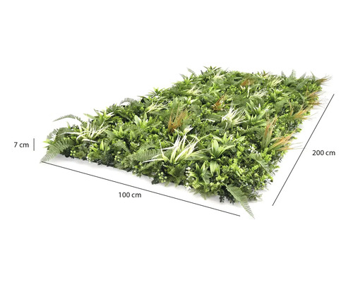 Perete vegetal artificial cu ferigi și ierburi, lățime 100 centimetri, înălțime 200 centimetri, adâncime 7 centimetri.