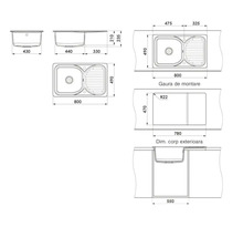 Desen tehnic pentru chiuvetă cu o cuvă și picurător. Dimensiuni 800 pe 490 milimetri, dimensiuni decupaj 780 pe 470 milimetri.