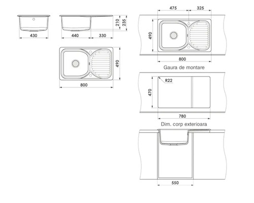 Desen tehnic chiuvetă cu dimensiuni 800 pe 490 milimetri, o cuvă cu picurător, dimensiuni decupaj 780 pe 470 milimetri.