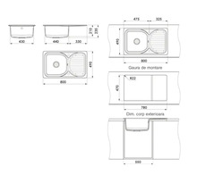 Desen tehnic al unei chiuvete de bucătărie cu o cuvă și picurător inclusiv dimensiuni pentru montaj și decupaj în milimetri.