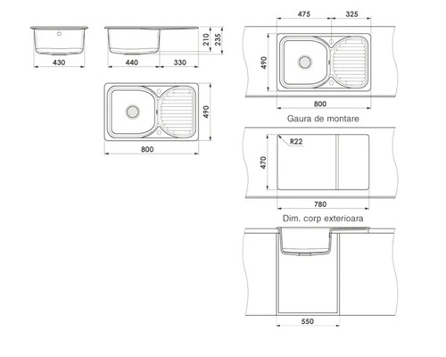 Schiță tehnică pentru chiuvetă de bucătărie cu o cuvă și picurător, dimensiuni 800 pe 490 milimetri, dimensiuni montaj 780 pe 470 milimetri.