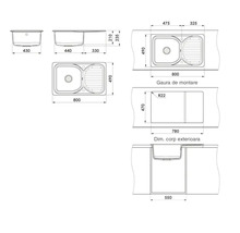 Schiță tehnică pentru chiuvetă de bucătărie cu o cuvă și picurător, dimensiuni 800 pe 490 milimetri, dimensiuni montaj 780 pe 470 milimetri.