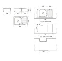 Desen tehnic pentru chiuvetă cu o cuvă și picurător, dimensiuni exterioare 800 pe 490 milimetri, dimensiuni decupaj 780 pe 470 milimetri.