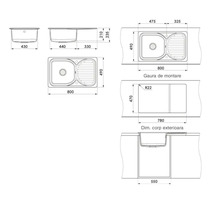 Desen tehnic cu dimensiunile unei chiuvete de bucătărie. Lățime 800, adâncime 490, pentru corp de 550 milimetri.