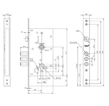 Desen tehnic pentru o broască îngropată Yale cu dimensiuni detaliate în milimetri pentru înălțime, lățime și distanța dintre găuri.