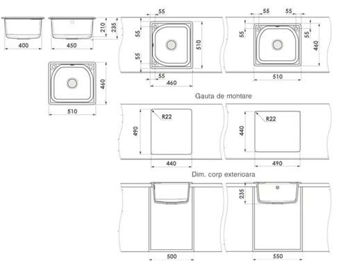 Desen tehnic pentru chiuvetă cu lățime 510 milimetri, adâncime 210 și 235 milimetri și dimensiuni pentru decupajul de montare.
