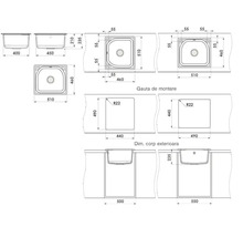 Desen tehnic pentru chiuvetă cu lățime 510 milimetri, adâncime 210 și 235 milimetri și dimensiuni pentru decupajul de montare.