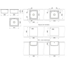 Desen tehnic al unei chiuvete de bucătărie cu o cuvă, cu dimensiuni pentru produs, decupaj și lățimea corpului de bază.