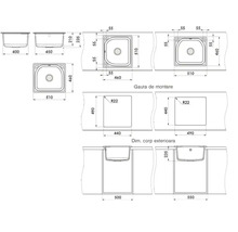 Desen tehnic al unei chiuvete de bucătărie cu dimensiuni pentru montaj și decupaj în milimetri.