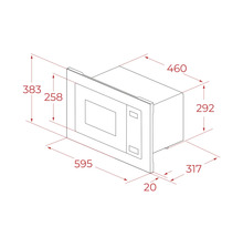 Schiță tehnică a unui cuptor cu microunde cu dimensiuni în milimetri: lățime 595, înălțime 383, adâncime 317 și grosime panou frontal 20.