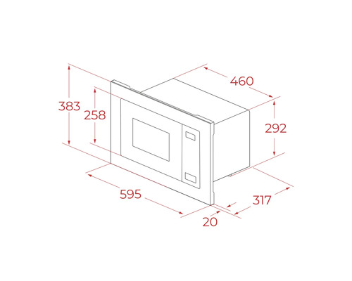 Schiță tehnică a unui cuptor cu microunde cu dimensiuni în milimetri: lățime 595, înălțime 383, adâncime 317 și grosime panou frontal 20.