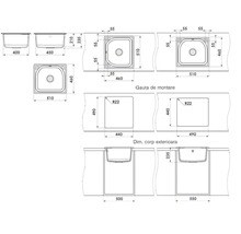 Desen tehnic pentru o chiuvetă de bucătărie pătrată cu dimensiuni exterioare de 510 pe 460 milimetri și diverse vederi pentru montare.