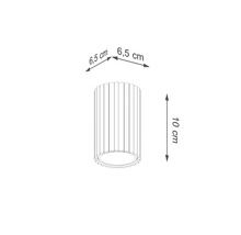 Schiță cu dimensiuni pentru o lampă cilindrică cu structură canelată, înălțime 10 centimetri, lățime 6,5 centimetri, adâncime 6,5 centimetri.