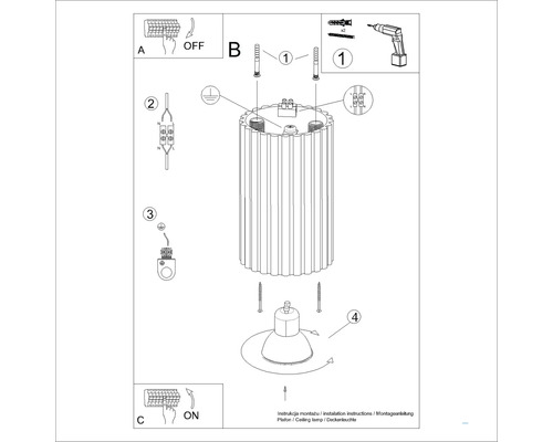 Instrucțiuni de montare pentru plafonieră cu pașii de oprire a curentului, fixarea carcasei, conectarea electrică și instalarea becului.