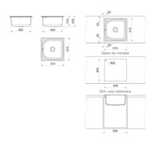 Desen tehnic pentru chiuvetă cu dimensiuni 510 pe 510 milimetri, decupaj 490 pe 490 milimetri și lățime corp 550 milimetri.