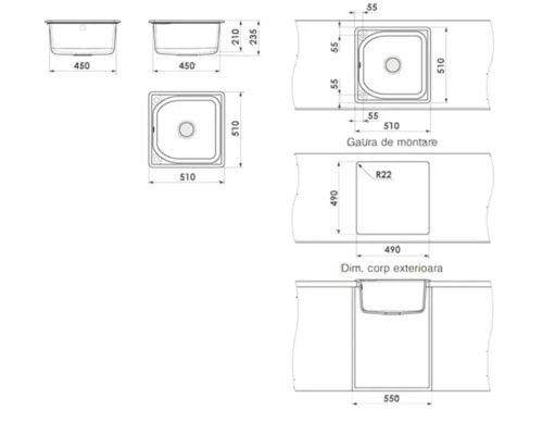 Schiță tehnică pentru chiuvetă de bucătărie cu vedere de sus, laterală și dimensiuni de montare în milimetri, de exemplu 510 pe 510 milimetri.