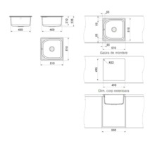 Schiță tehnică pentru chiuvetă de bucătărie cu vedere de sus, laterală și dimensiuni de montare în milimetri, de exemplu 510 pe 510 milimetri.