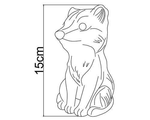 Schiță a unei figurine de grădină vulpe care stă jos, cu o înălțime de 15 centimetri.