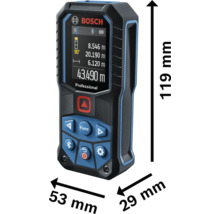 Bosch Logo pe telemetru cu laser Bosch Professional. Dimensiuni: 119 milimetri înălțime, 53 milimetri lățime, 29 milimetri adâncime.