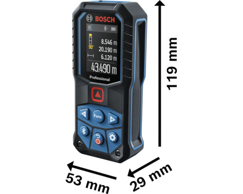 Bosch Logo pe telemetru cu laser Bosch Professional. Dimensiuni: 119 milimetri înălțime, 53 milimetri lățime, 29 milimetri adâncime.