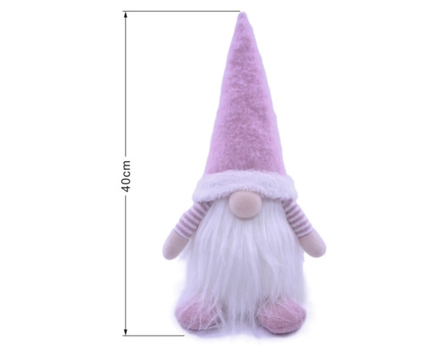 Spiriduș decorativ roz cu barbă albă și căciulă ascuțită, înălțime 40 centimetri.