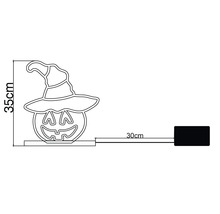 Siluetă neon LED Halloween dovleac cu pălărie de vrăjitoare, înălțime 35 centimetri, lungime cablu 30 centimetri cu cutie baterii.