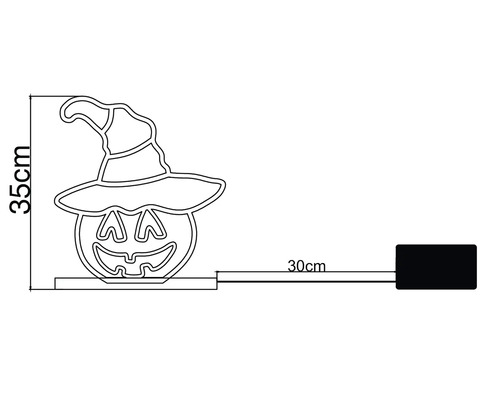 Siluetă neon LED Halloween dovleac cu pălărie de vrăjitoare, înălțime 35 centimetri, lungime cablu 30 centimetri cu cutie baterii.