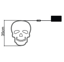 Decorațiune LED în formă de craniu cu înălțimea de 35 centimetri și compartiment pentru baterii.