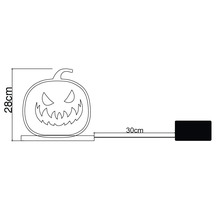 Schiță cu dimensiunile decorațiunii de Halloween dovleac cu o înălțime de 28 centimetri și o lungime a cablului de 30 centimetri.
