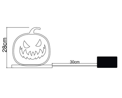 Schiță cu dimensiunile decorațiunii de Halloween dovleac cu o înălțime de 28 centimetri și o lungime a cablului de 30 centimetri.