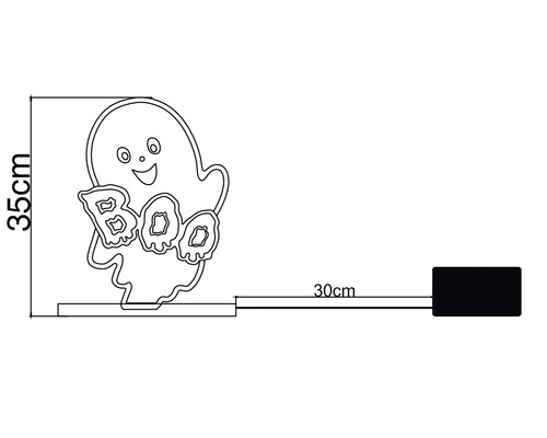 Decorațiune de Halloween fantomă cu textul Boo, înălțime 35 centimetri, lungime cablu 30 centimetri.