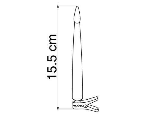 Schiță a unei lumânări de Crăciun cu clips de prindere și o înălțime totală de 15,5 centimetri.