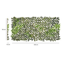 Perete de plante artificiale pe spalier de lemn cu diverse frunze verzi, 90 pe 180 pe 10 centimetri.