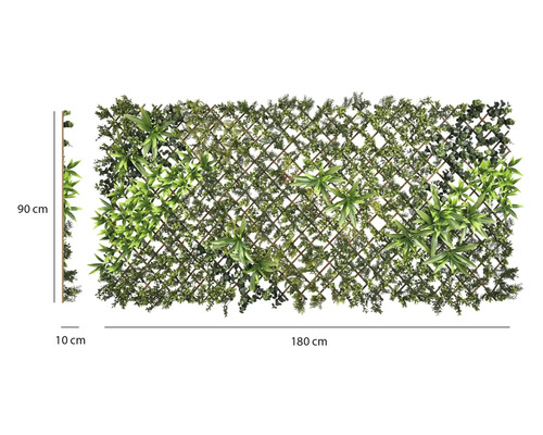 Perete de plante artificiale pe spalier de lemn cu diverse frunze verzi, 90 pe 180 pe 10 centimetri.