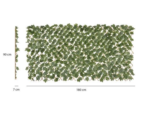 Paravan de protecție extensibil cu iederă artificială pe spalier de lemn, înălțime 90 centimetri, lățime 180 centimetri și adâncime 7 centimetri.